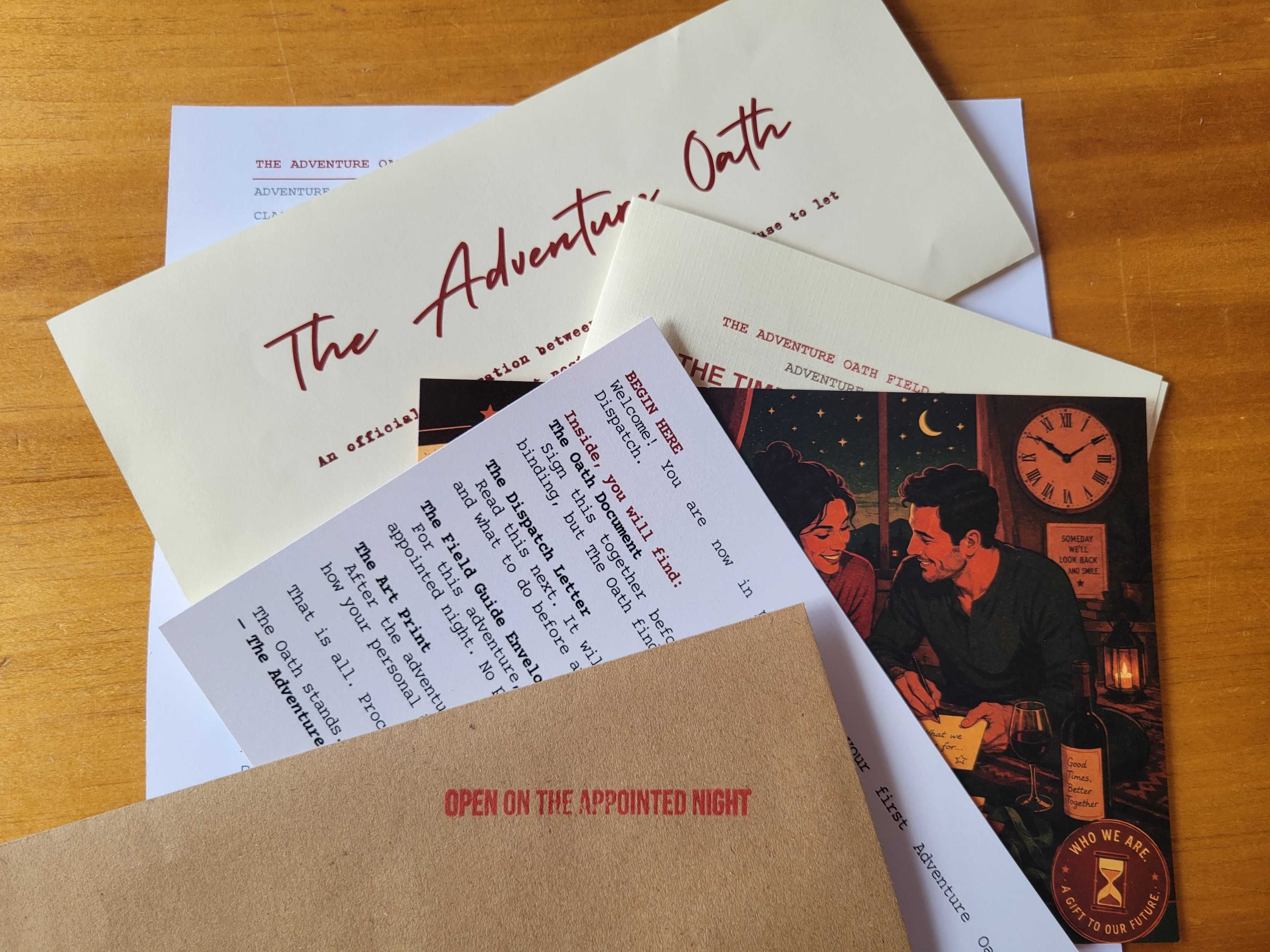 Adventure Oath date cards and keepsake materials from an envelope