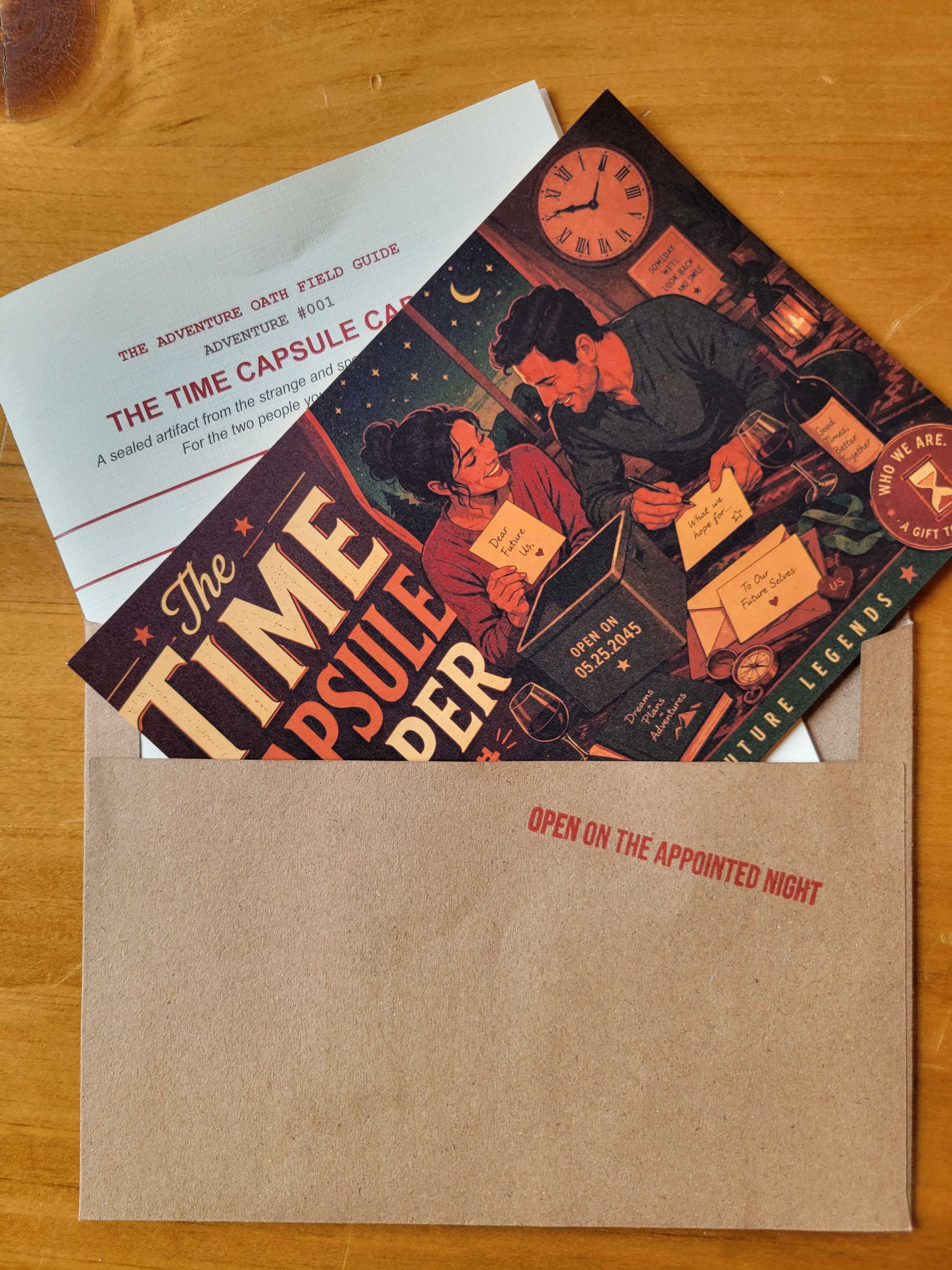 Time Capsule Caper adventure card and envelope for Adventure #001