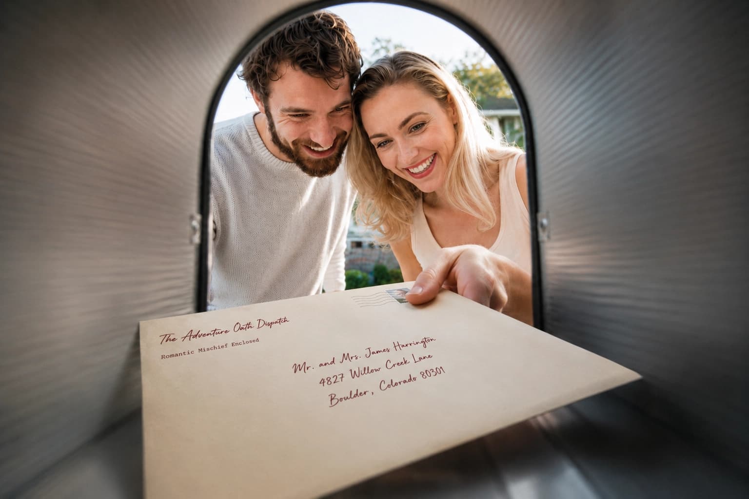 Couple opening an Adventure Oath envelope together