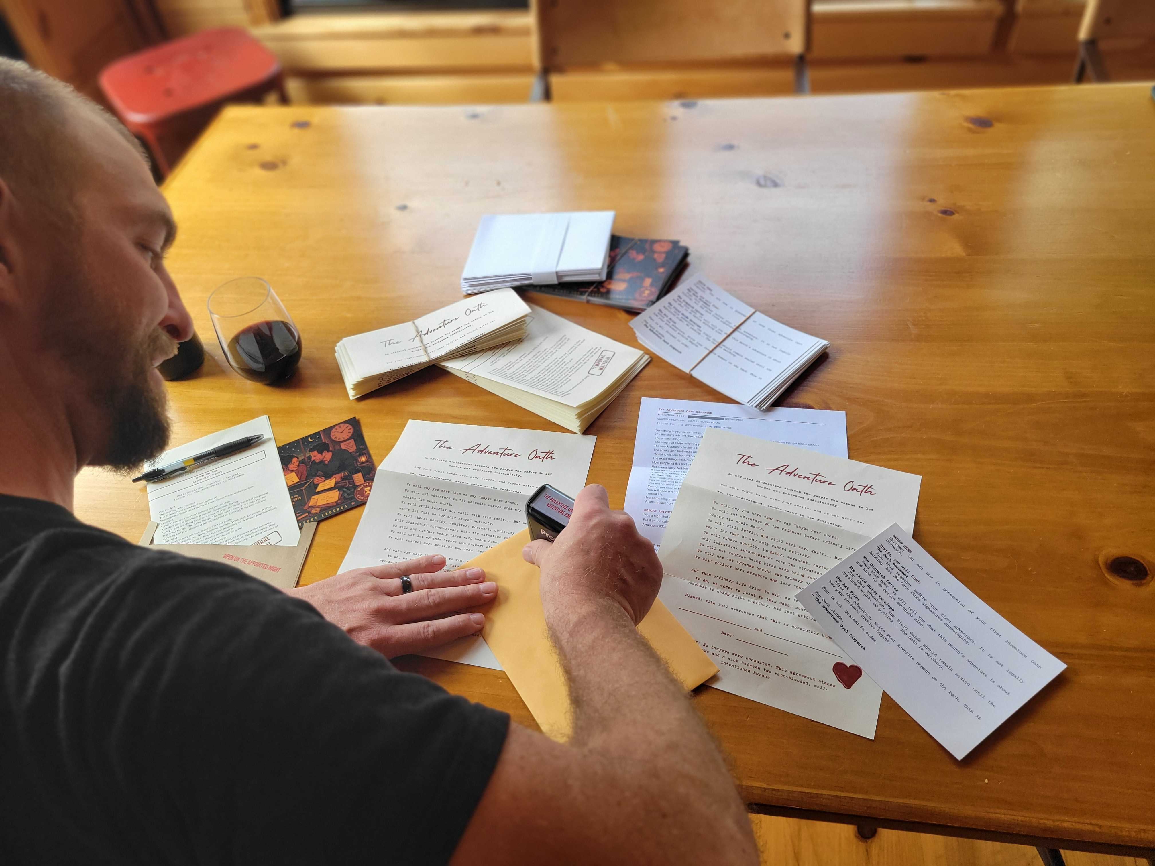 Adventure Oath envelope and cards ready for a date night